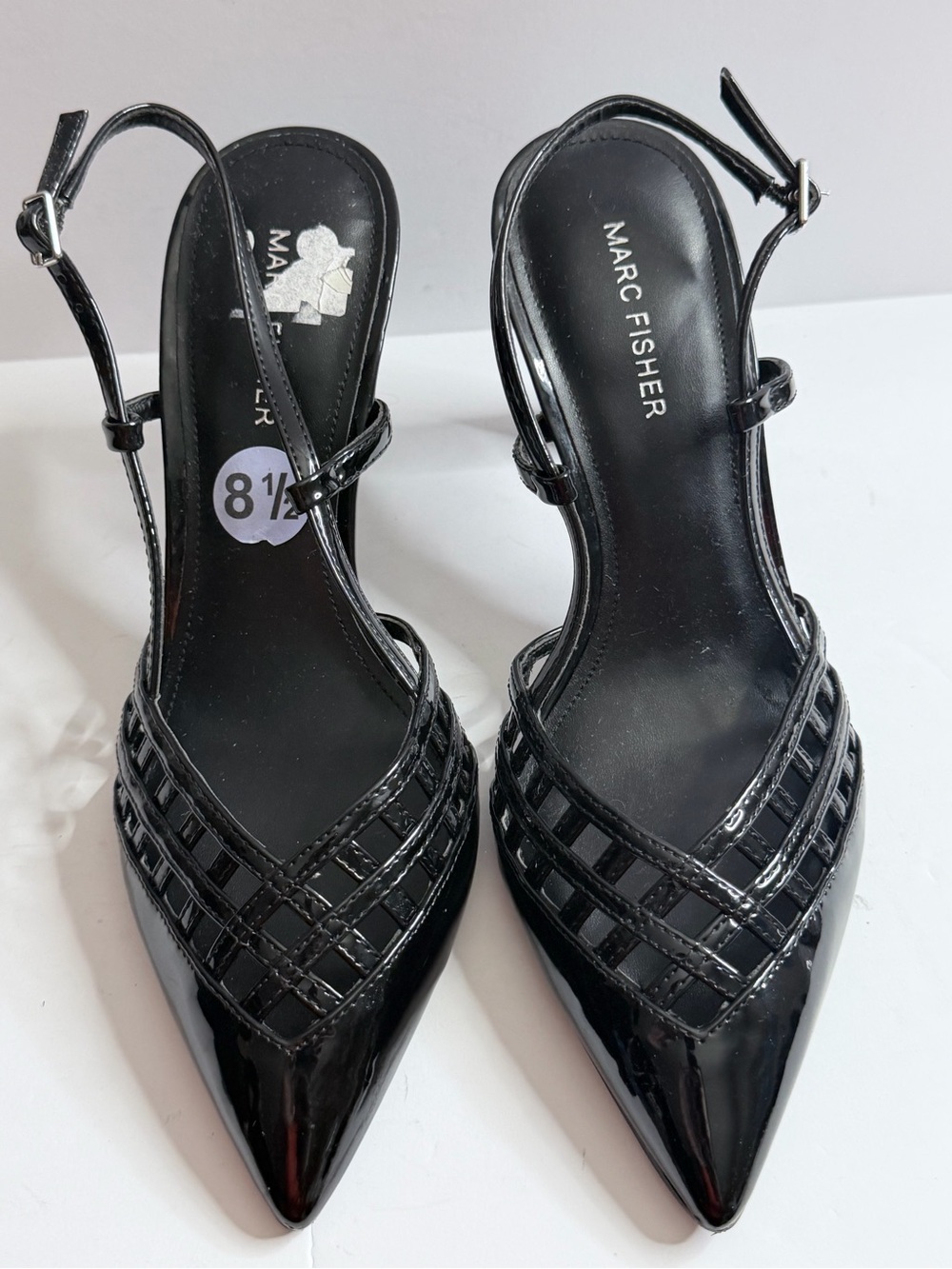 Marc Fisher Black Patent Pointed Slingback Heels with Woven Straps